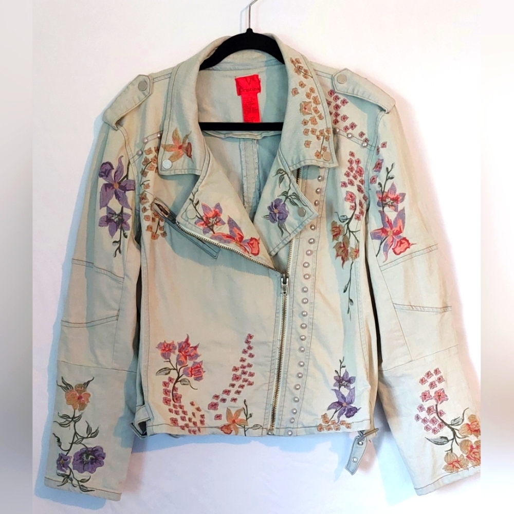 Size XL V Cristina Embellished Stretch Denim Jacket